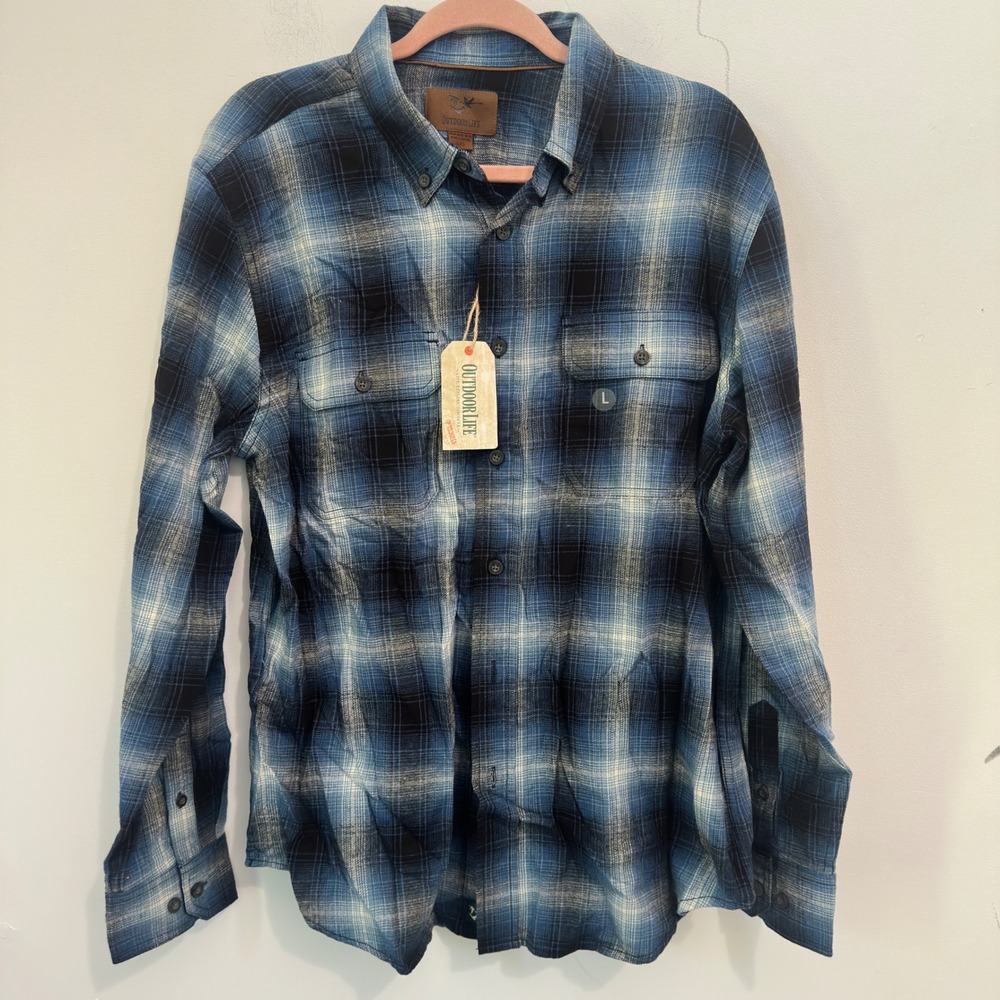 Outdoor Life Flannel‎ Cabincore Shirt Blue Black Plaid 100% Cotton Large NWT